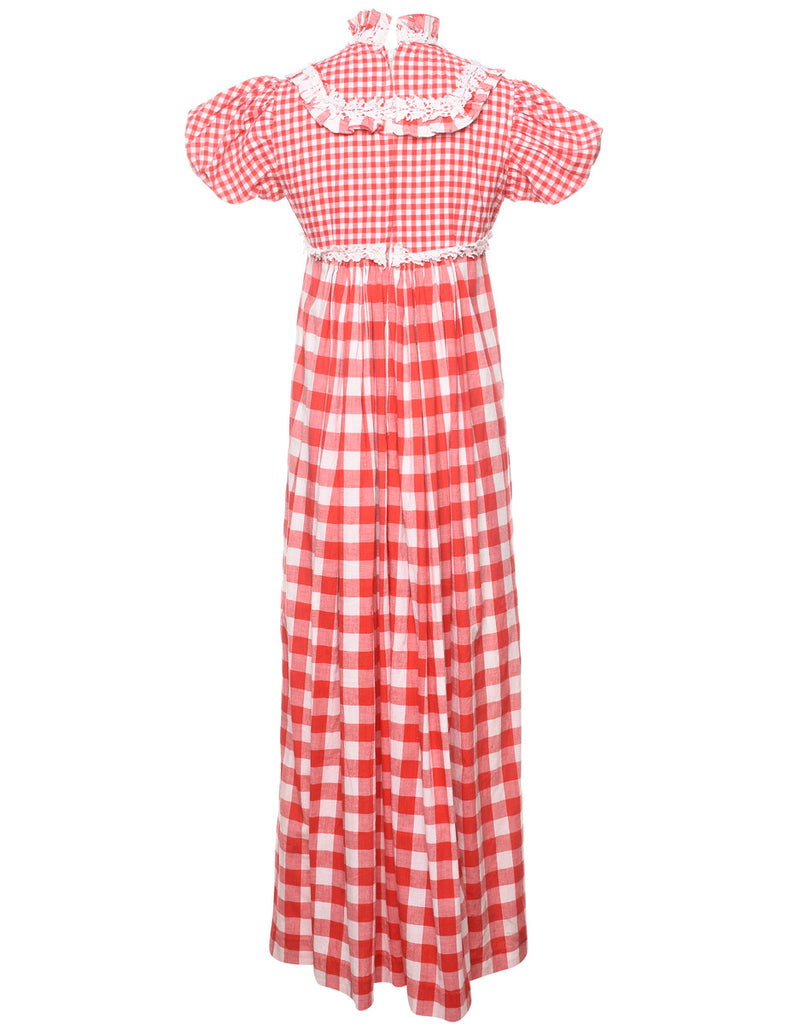 Checked Red & White 1970s Maxi Dress - XS