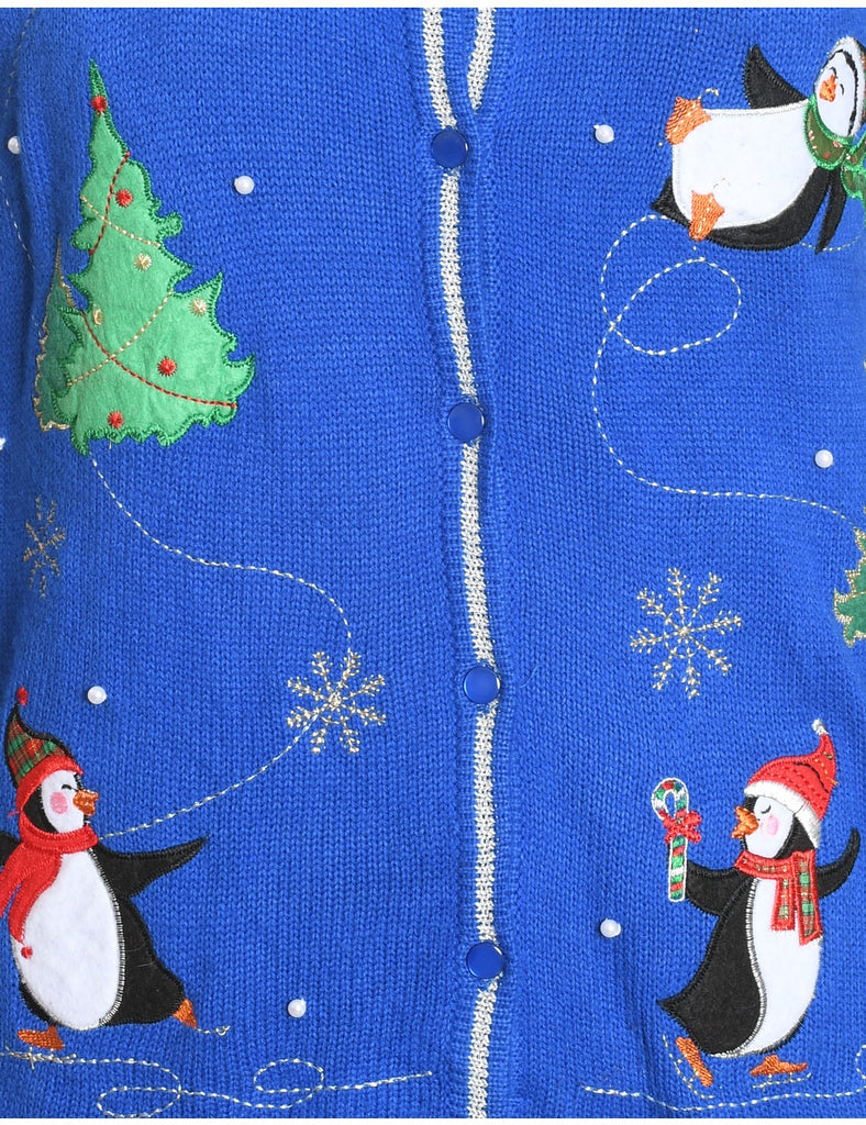 Christmas Tree Design Blue Embroidered Cardigan - S