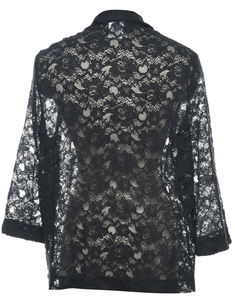 Classic Black Lace 1990s Sheer Blouse - L