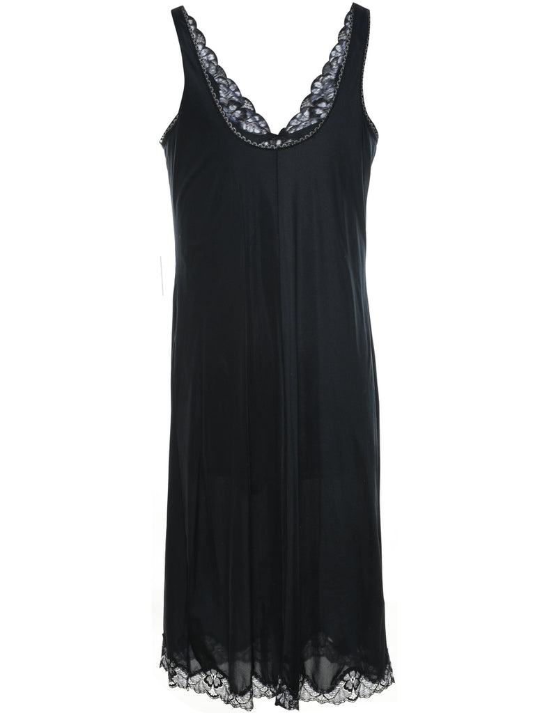 Classic Black Lace Trim Slip Dress - L