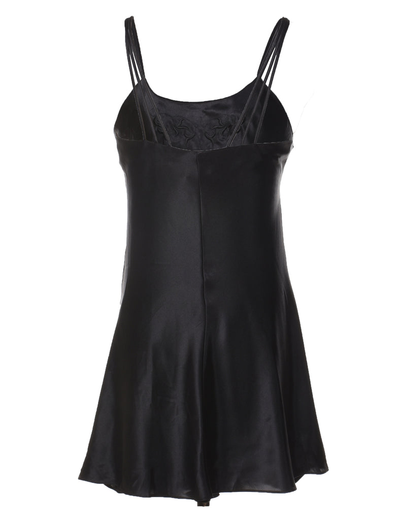 Classic Black Silky Embroidered Slip Dress - M