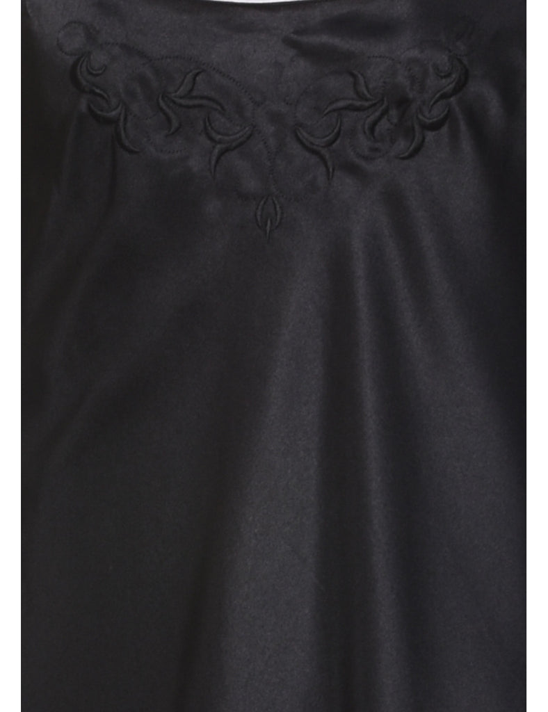 Classic Black Silky Embroidered Slip Dress - M