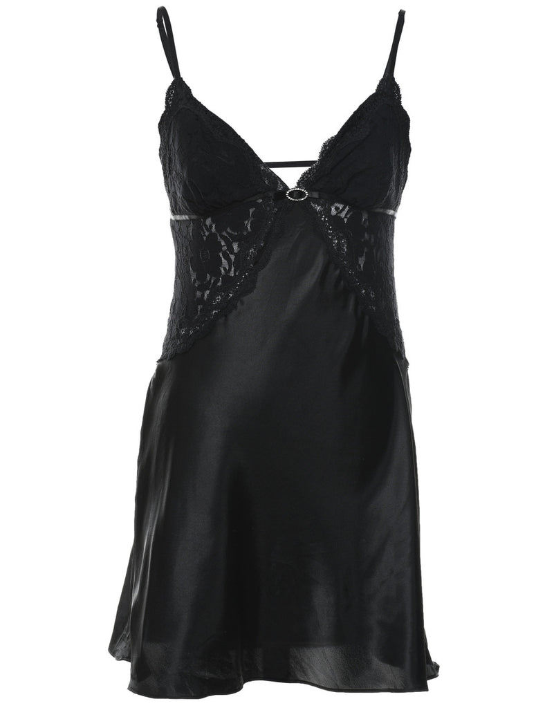 Classic Black Silky Lace Trim Slip Dress - XS