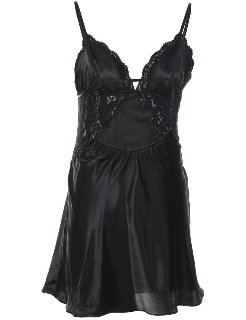 Classic Black Silky Lace Trim Slip Dress - XS