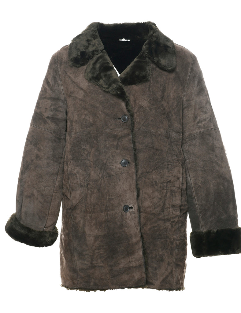 Dark Brown Faux Shearling Suede Jacket - L