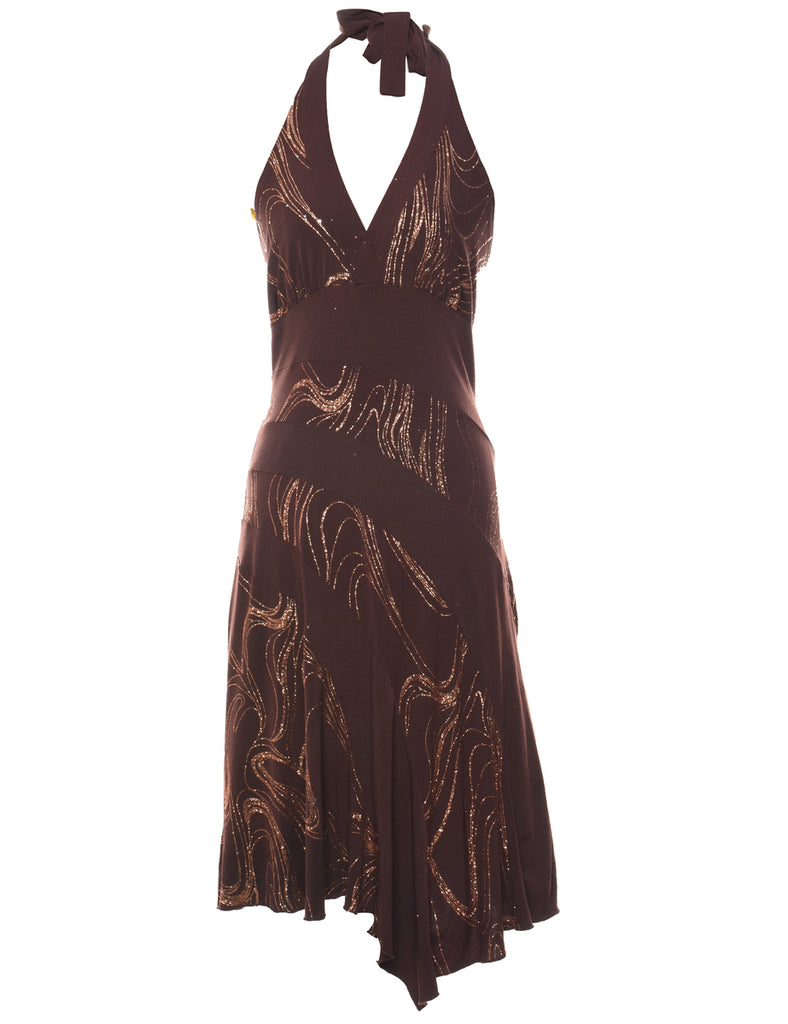 Dark Brown & Gold Y2K Evening Dress - S