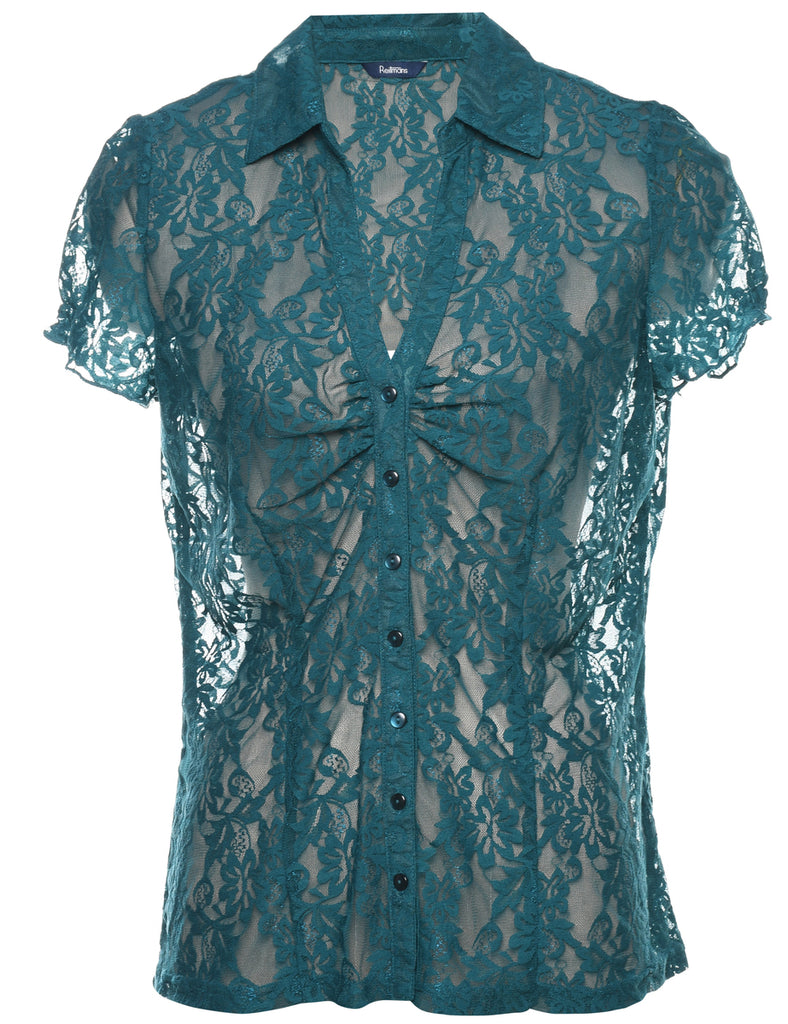 Dark Green Short-Sleeve Floral Lace Sheer Blouse - M