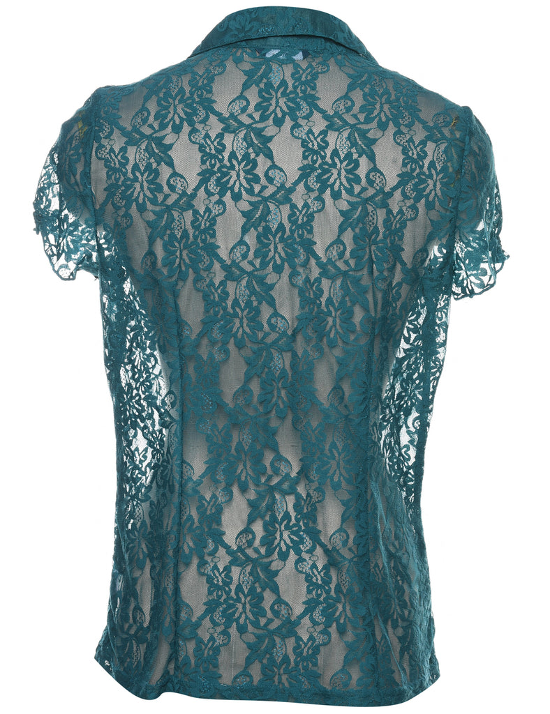 Dark Green Short-Sleeve Floral Lace Sheer Blouse - M