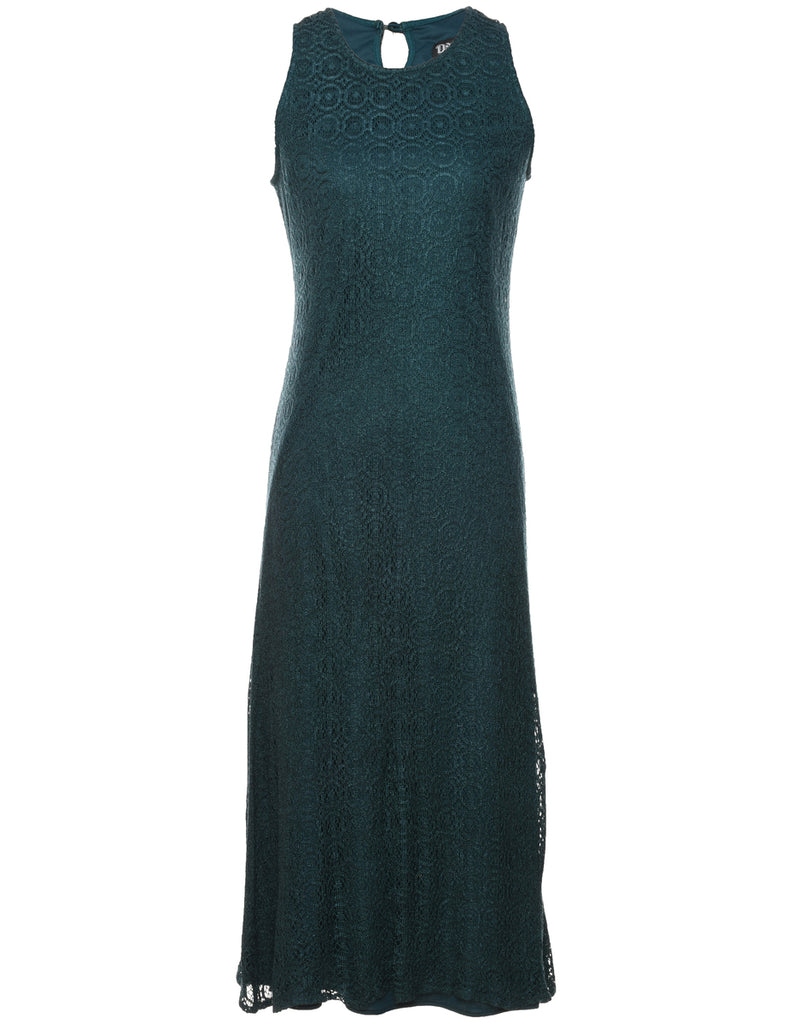 Dark Green Sleeveless Lace Evening Dress - M