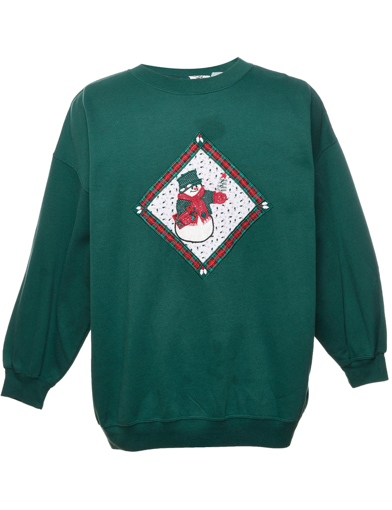 Dark Green Snowman Design Christmas Sweatshirt - L