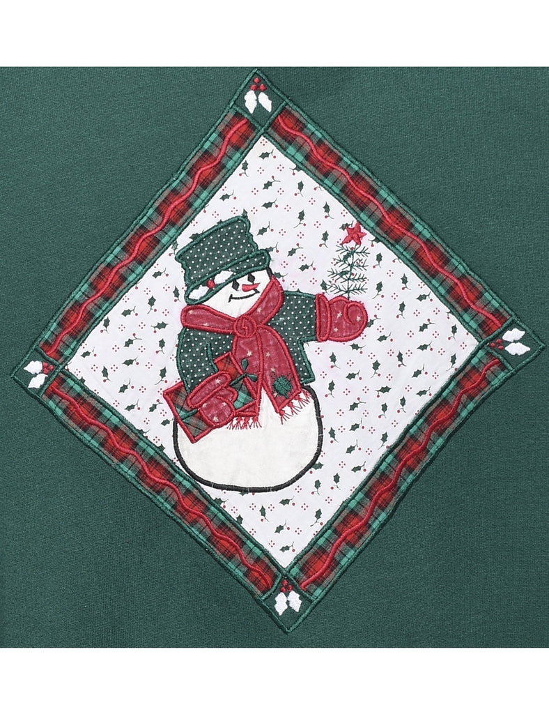 Dark Green Snowman Design Christmas Sweatshirt - L