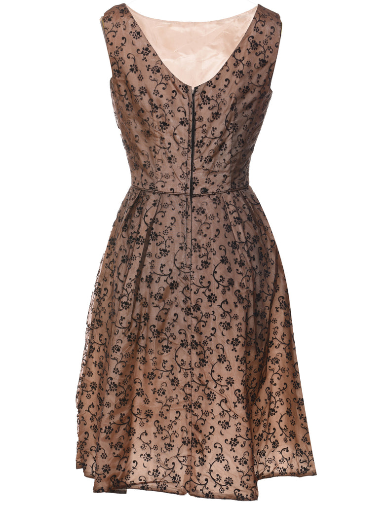 Ditsy Floral Design Black & Beige 1960s Dress - M