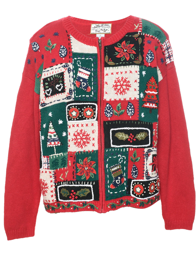 Embroidered Christmas Cardigan - M