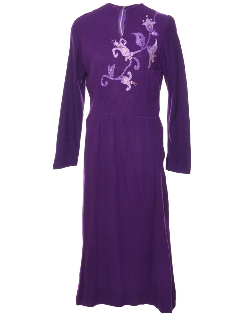 Embroidered Purple Sequined Long-Sleeve Dress - M