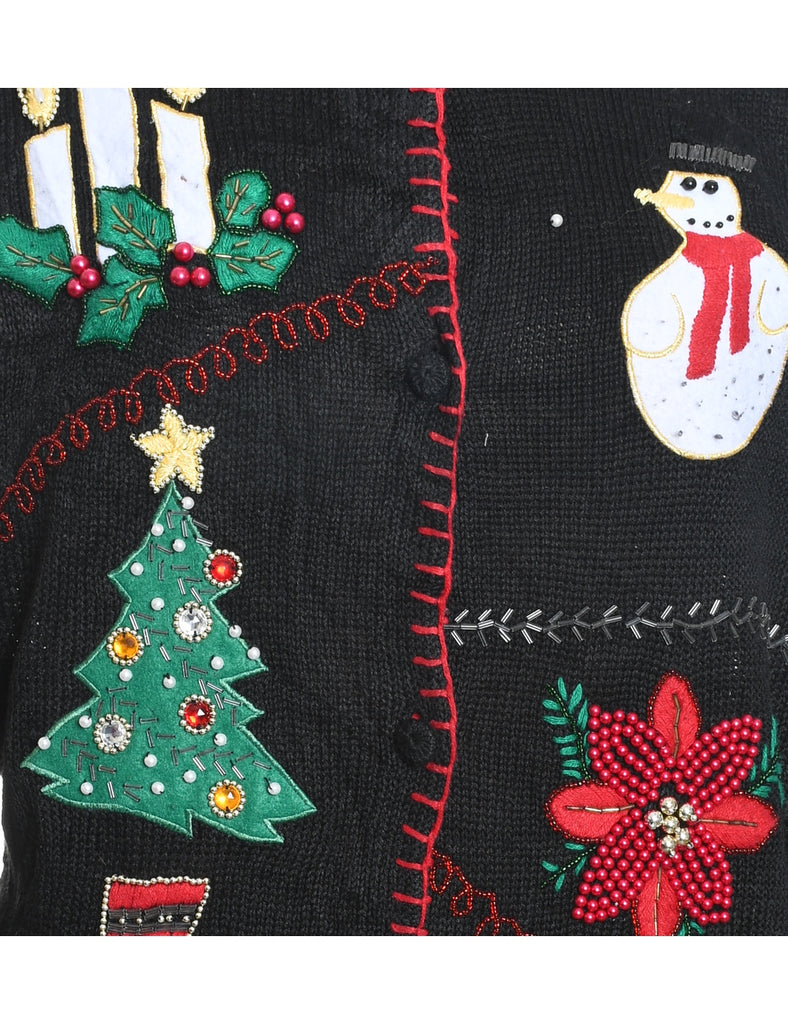 Festive Design Black Sparkly Embroidered Christmas Cardigan - M