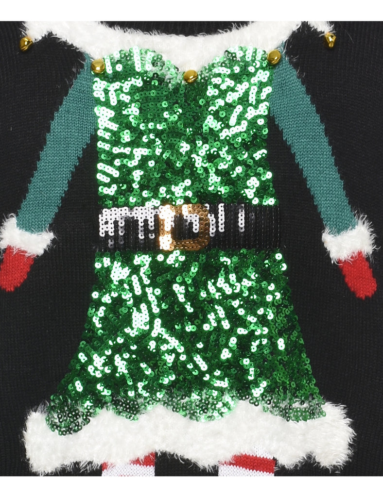 Festive Elf Design Sequin Christmas Jumper - XXL