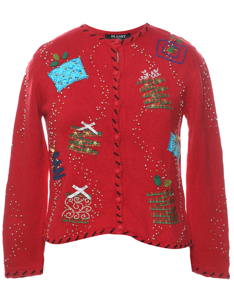 Festive Print Christmas Cardigan - S