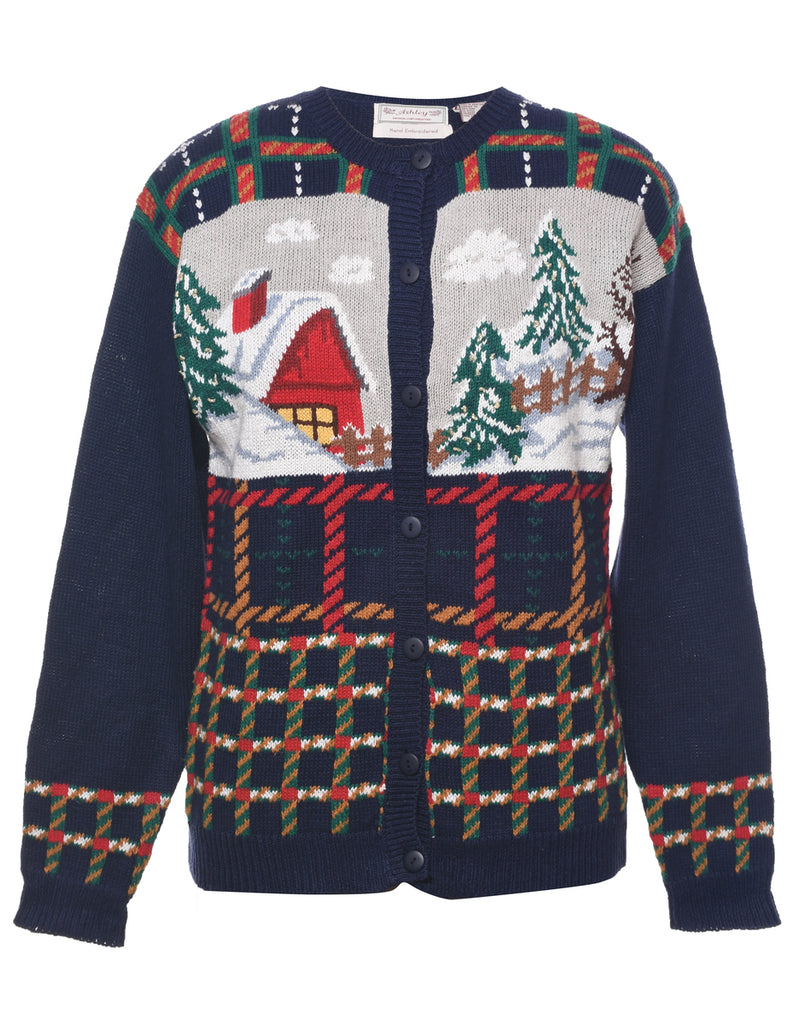 Festive Print Christmas Cardigan - S