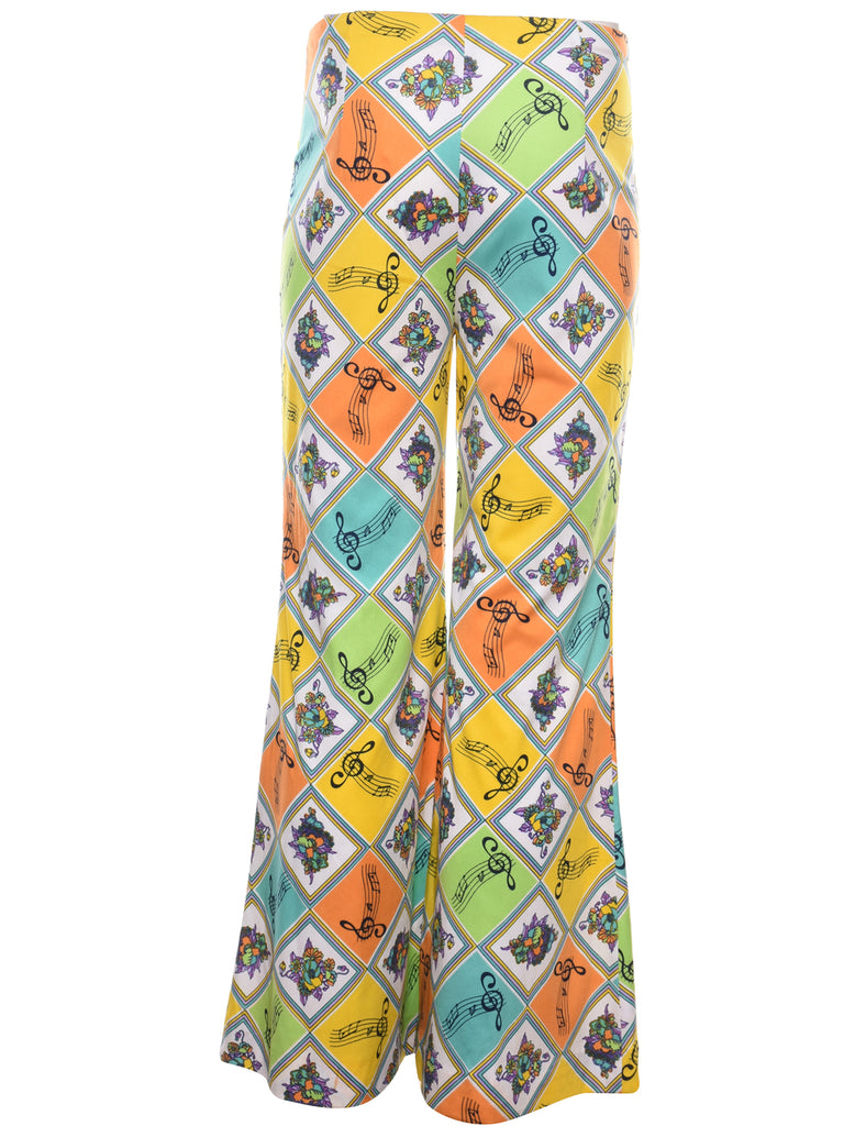 Floral & Argyle Print 1970s Multi-Colour Flared Trousers - W28 L30