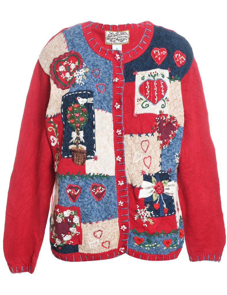 Floral Festive Multi-Colour Christmas Cardigan - M