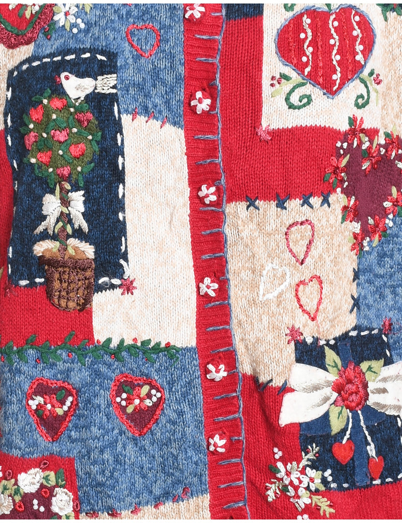 Floral Festive Multi-Colour Christmas Cardigan - M