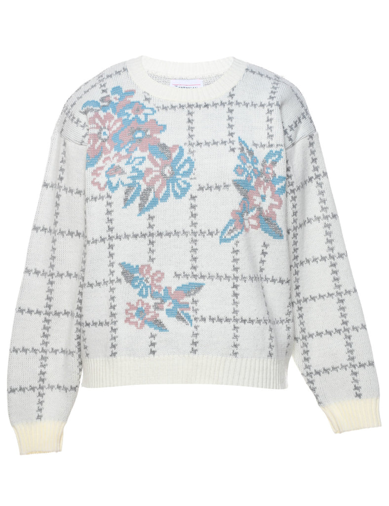 Floral Knit Off-White, Light Pink & Blue Jumper - M