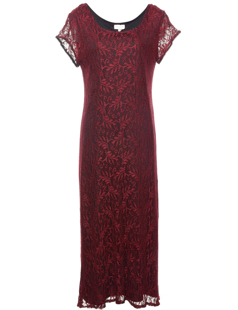 Floral Lace Maroon Evening Dress - L