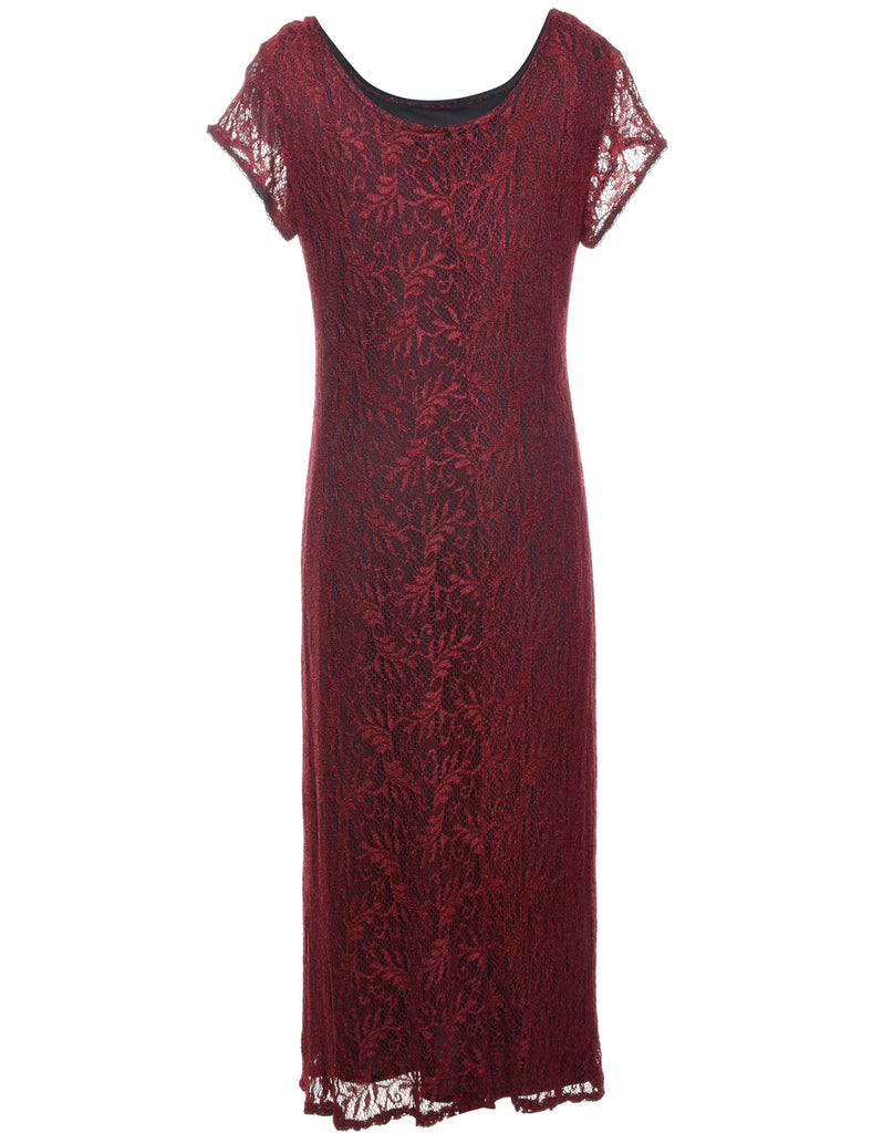 Floral Lace Maroon Evening Dress - L