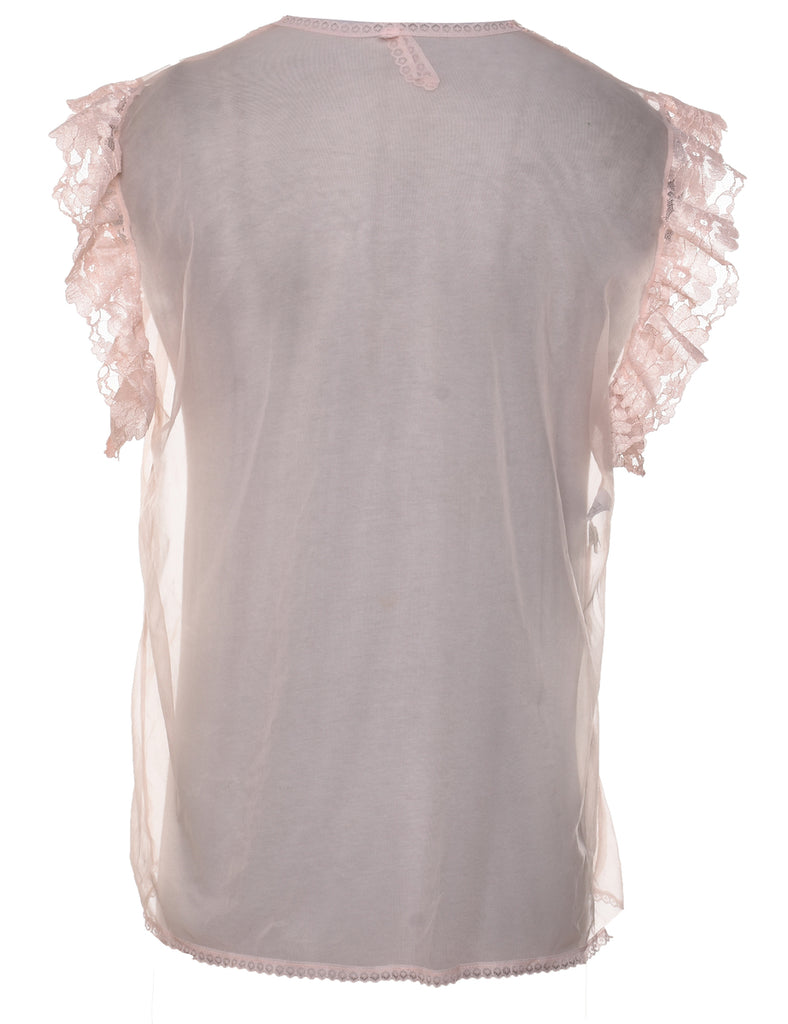 Floral Lace Trim Peach Sheer Bed Jacket - L