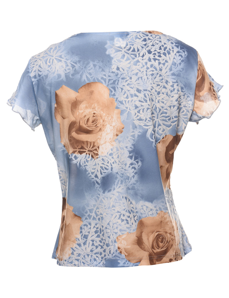 Floral Light Blue & Light Brown Printed Top - M