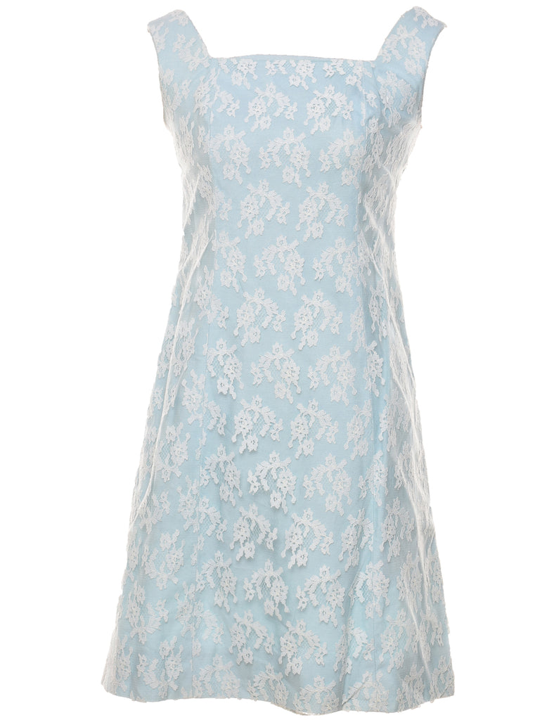 Floral Light Blue & White 1960s Mini Lace Dress - S