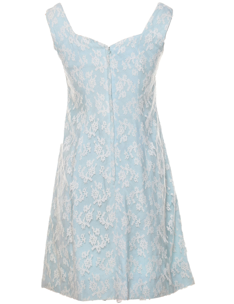 Floral Light Blue & White 1960s Mini Lace Dress - S