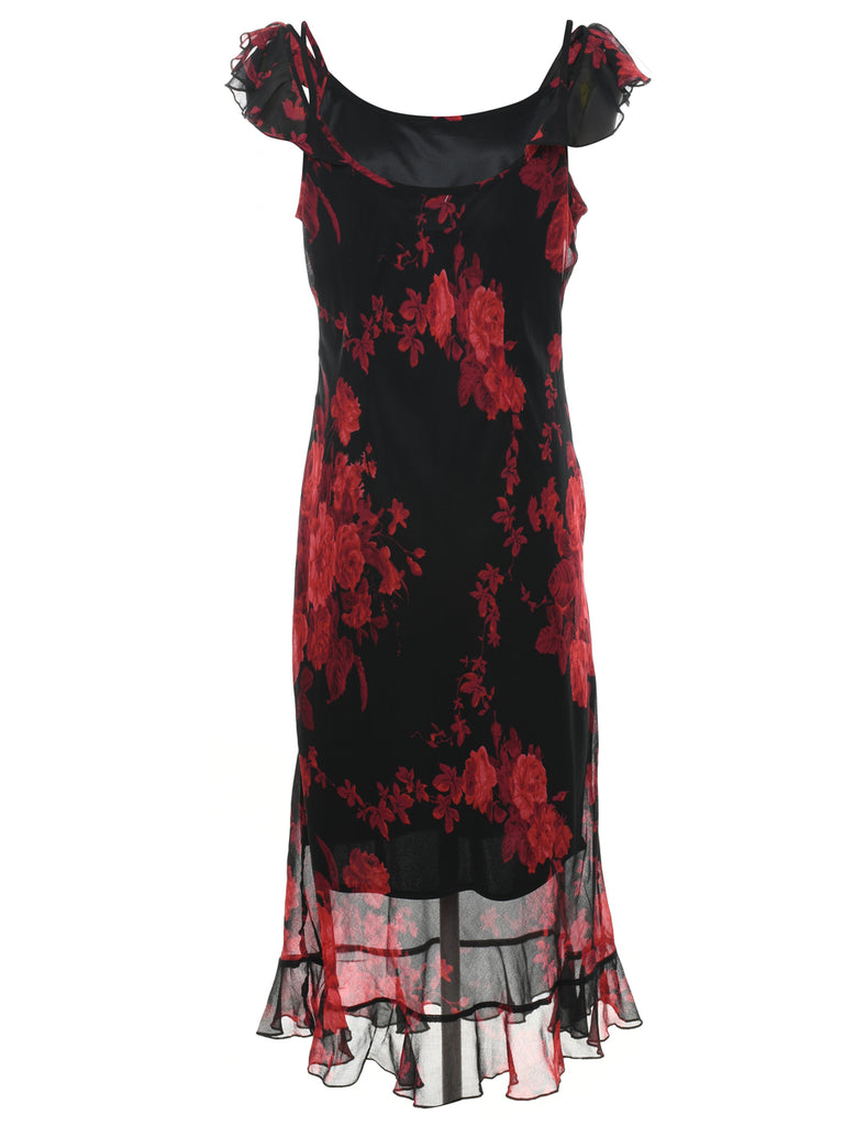 Floral Pattern Beaded Black & Red Y2K Dress - L