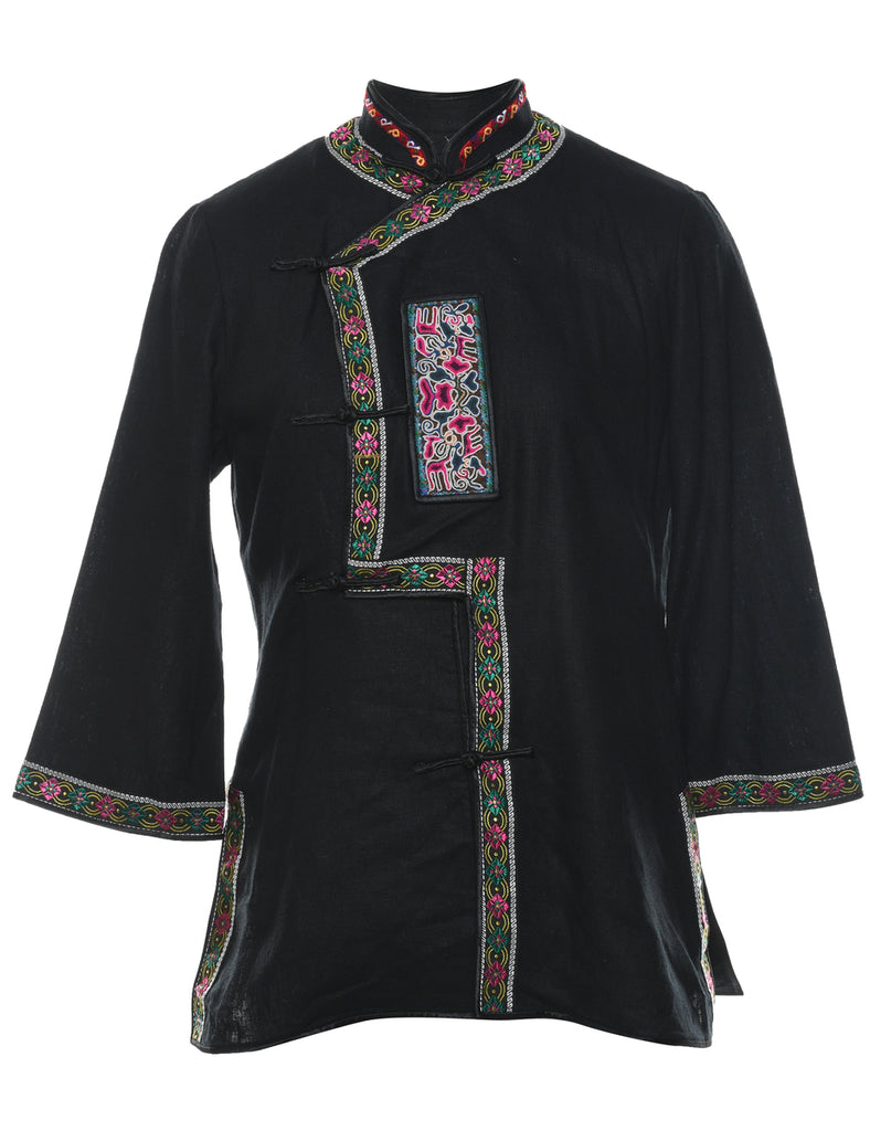 Floral Pattern Black, Green & Pink Embroidered Jacket - M