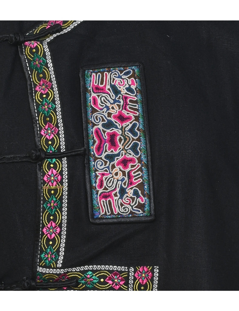 Floral Pattern Black, Green & Pink Embroidered Jacket - M