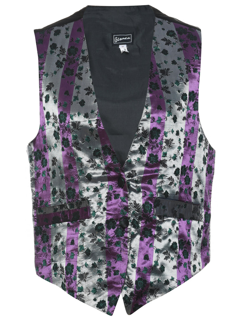 Floral Pattern Black & Purple Shiny Metallic Waistcoat - M