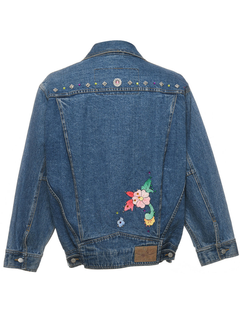 Floral Pattern Embellished Denim Jacket - L