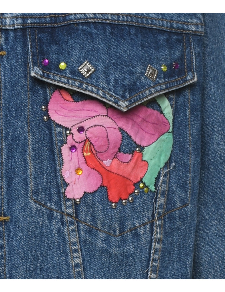 Floral Pattern Embellished Denim Jacket - L