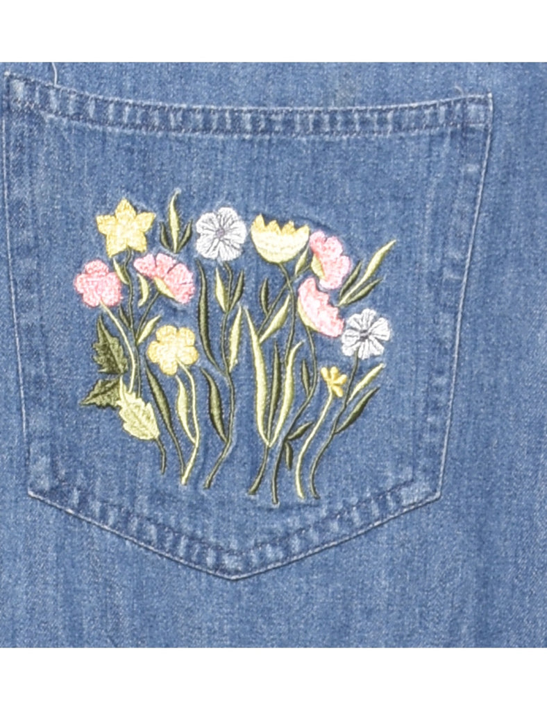 Floral Pattern Embroidered Denim Dress - M