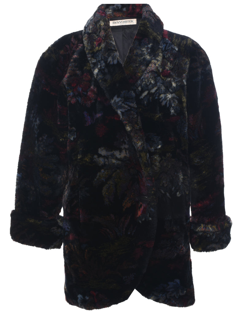 Floral Pattern Faux Fur Coat - L