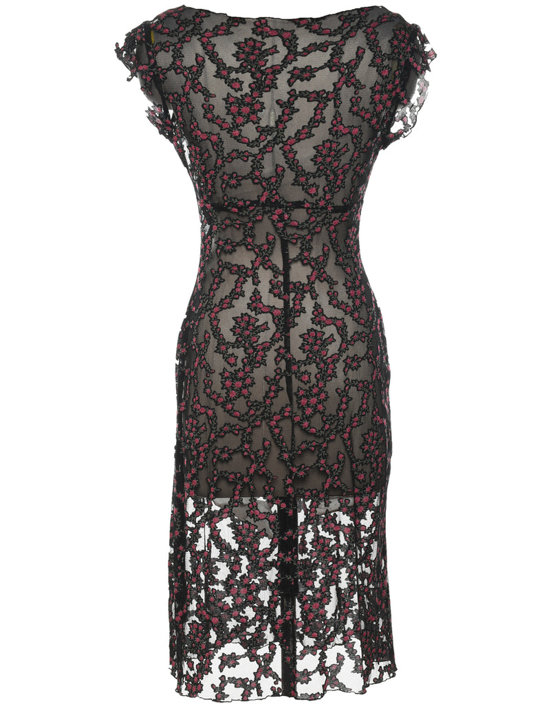 Floral Pattern Lace Black & Red 1990s Evening Dress - M