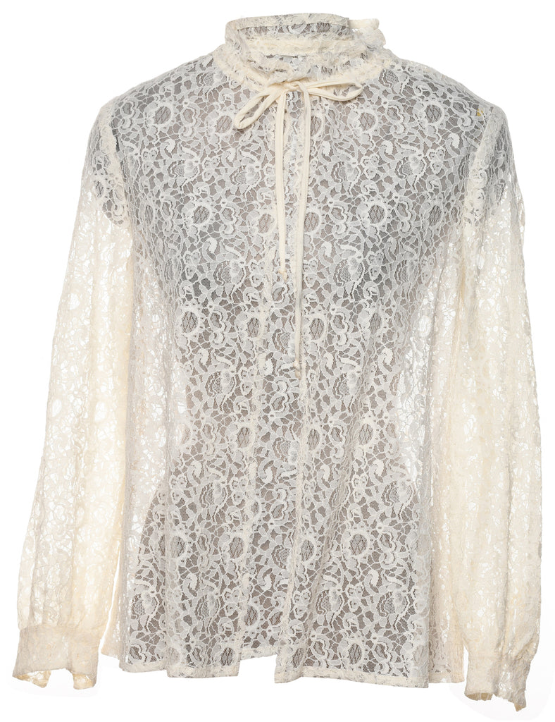 Floral Pattern Off-White Frilled Detail Lace Blouse - M