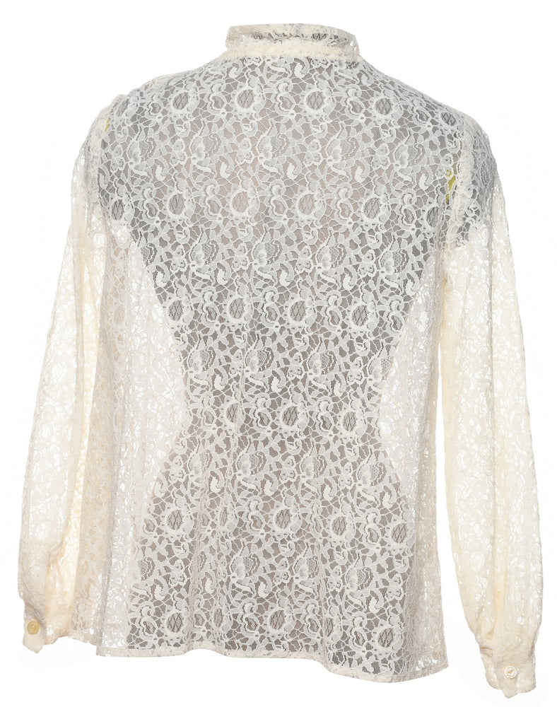 Floral Pattern Off-White Frilled Detail Lace Blouse - M