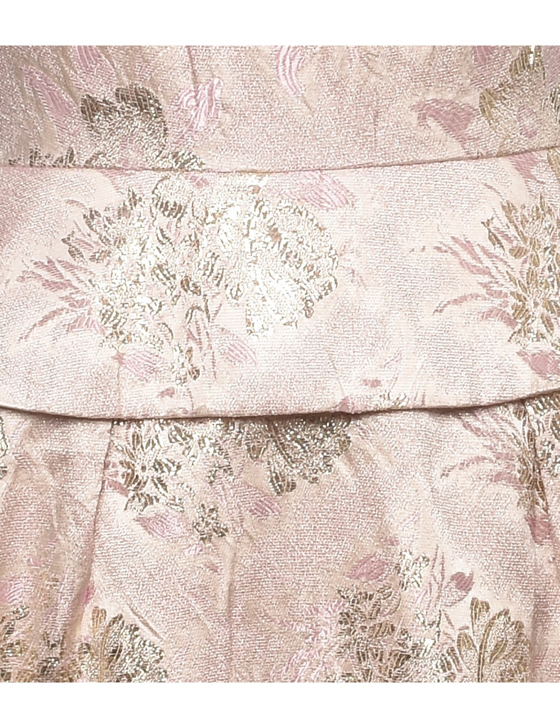 Floral Pattern Pale Pink 1960s Brocade Dress - S