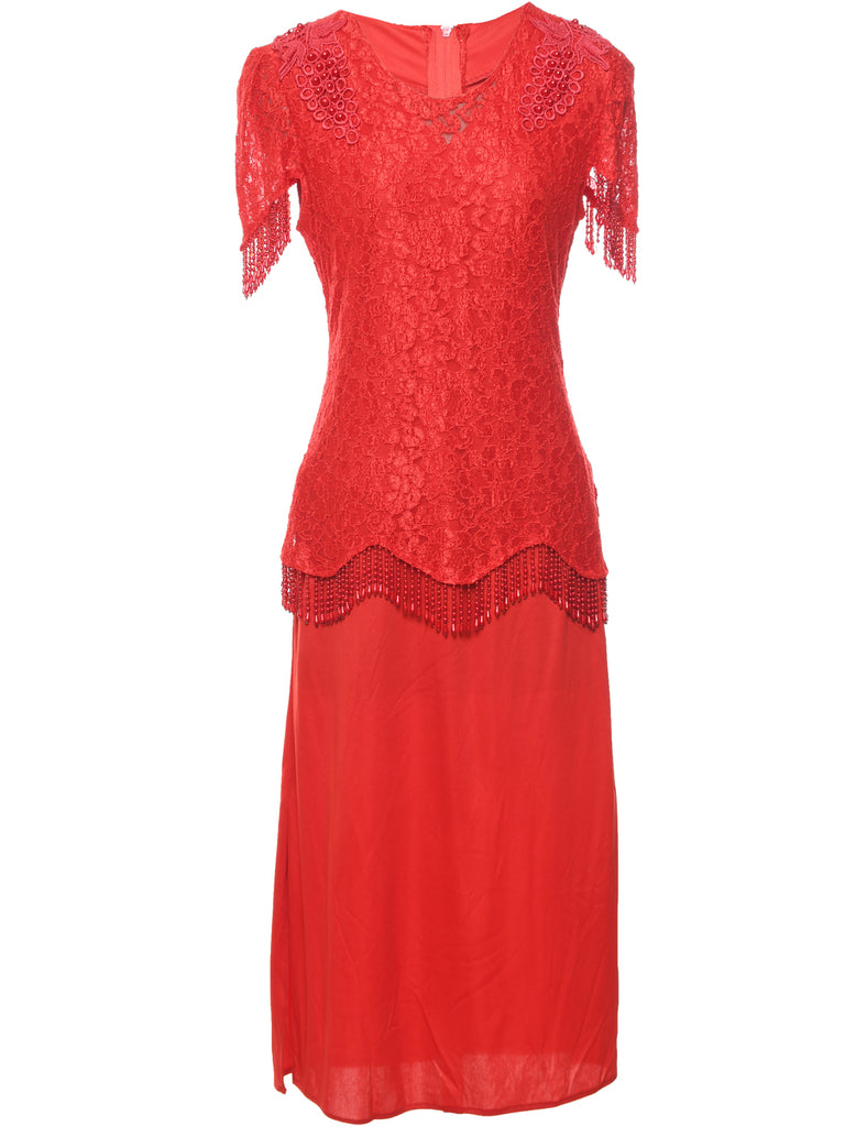 Floral Pattern Red Sparkly Beaded Evening Dress - M