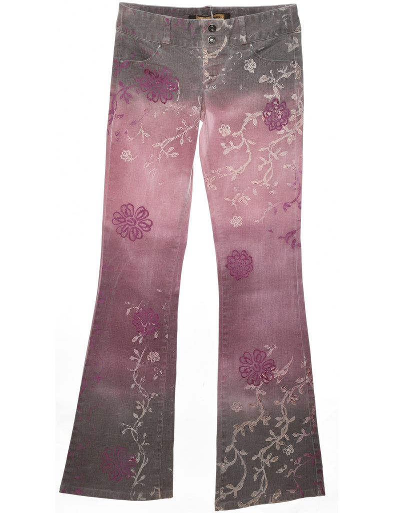 Floral Pink & Light Grey Y2K Flared Jeans - W28 L34