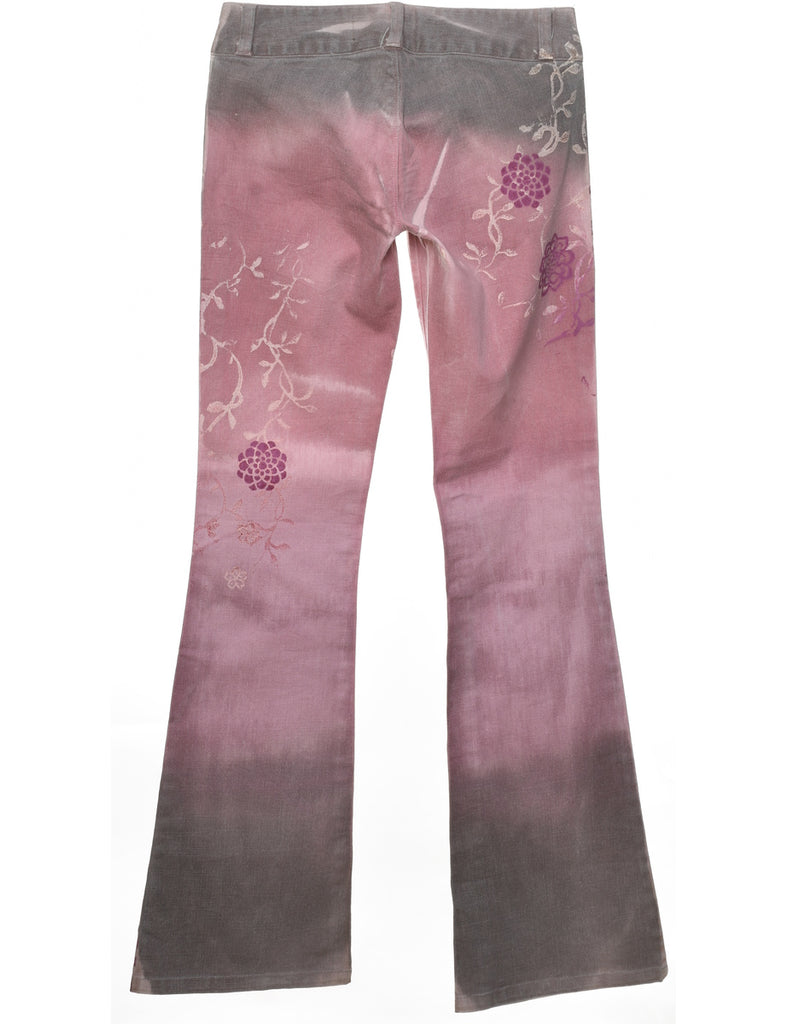 Floral Pink & Light Grey Y2K Flared Jeans - W28 L34