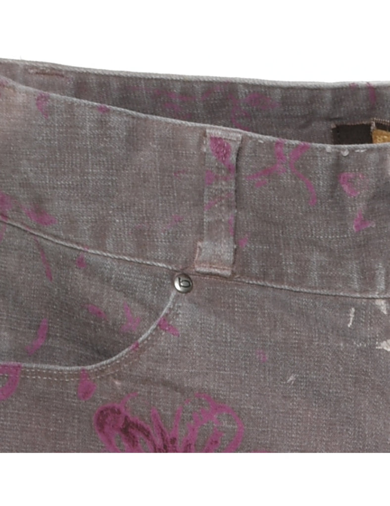 Floral Pink & Light Grey Y2K Flared Jeans - W28 L34