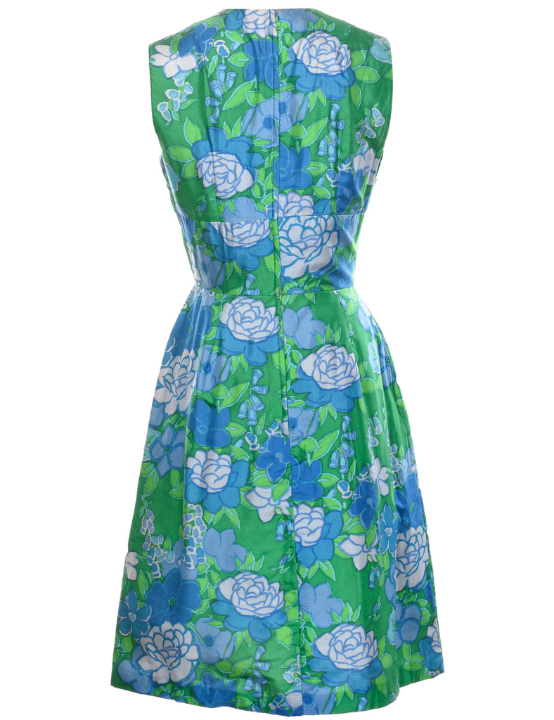 Floral Print 1960s Blue & Green Dress - M