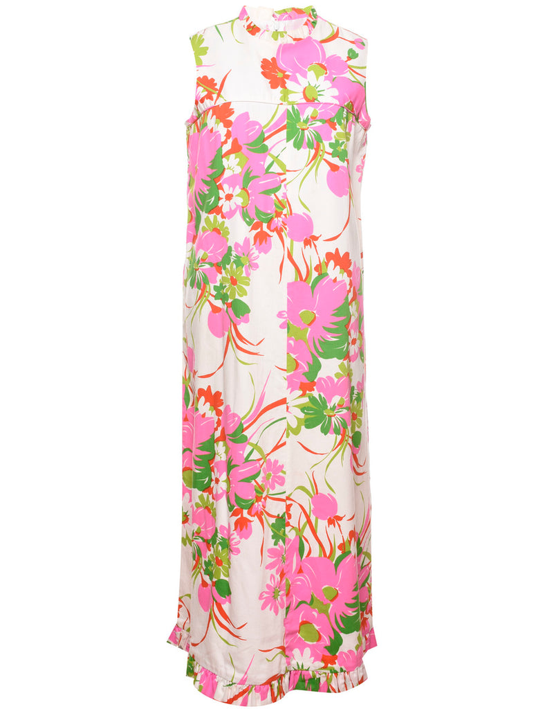 Floral Print 1970s Multi-Colour Ruffled Hem Maxi Dress - M